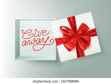 Giveaway advertisement banner, open gift box with decorative red bow, vector illustration