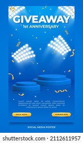 Giveaway anniversary contest invitation social media story template with 3d podium on blue background