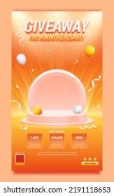 Giveaway anniversary with podium on spotlight background poster and stories social media template