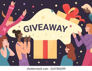 Giveaway announcement for customers vector illustration. Cartoon happy people win prize in contest, winners open gift box with giveaway text, stars and confetti background. Contest, campaign concept