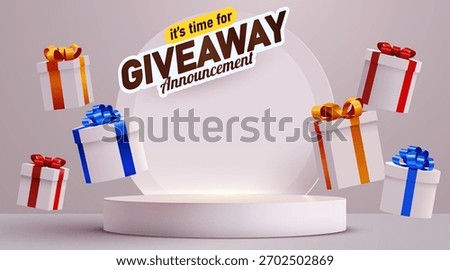Giveaway Announcement with floating gift boxes and product podium. Promotional background design. Vector illustration