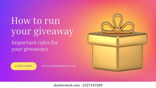 Giveaway announcement internet competition with luxury golden gift box 3d banner realistic vector illustration. Social media network online marketing contest giving present for advertising promo event