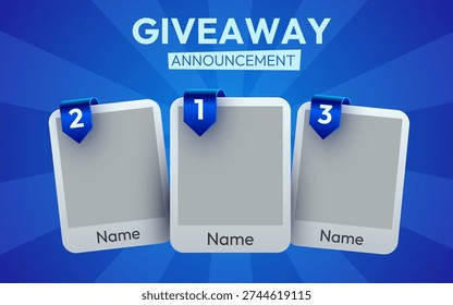 Giveaway announcement template with three numbered prize cards on a blue background. Vector illustration.