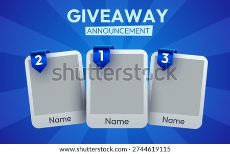 Giveaway announcement template with three numbered prize cards on a blue background. Vector illustration.