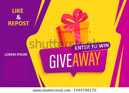 Giveaway banner, calling to repost if like. Enter to win web banner with gift box with prize to winner. Template design for social media posts, flyer. Offer reward in contest, vector illustration. [[stock_photo]] © 