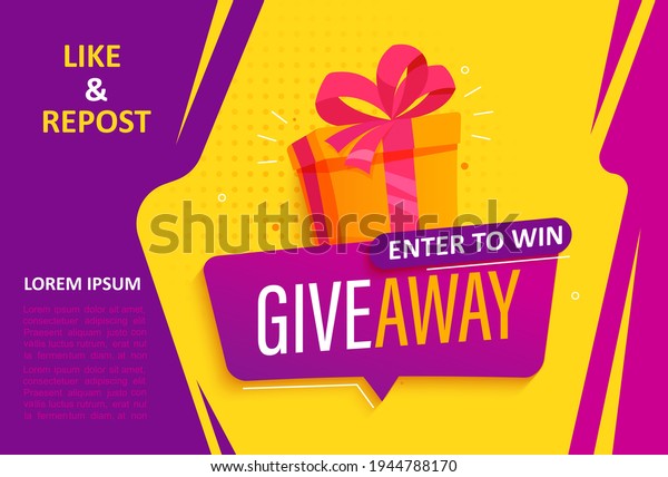Giveaway banner, calling to repost if like.\
Enter to win web banner with gift box with prize to winner.\
Template design for social media posts, flyer. Offer reward in\
contest, vector\
illustration.