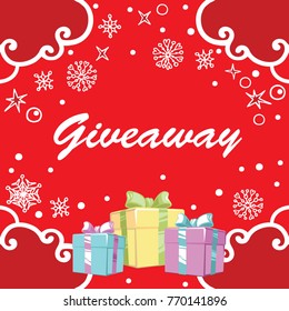 Giveaway, banner with clouds, snowflakes and gifts on the red background / freehand style, great for social media