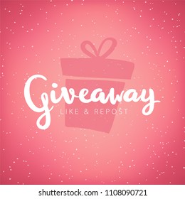 Giveaway banner design for social media. Illustration for promotion of social network account by giving a gift. Hand drawn lettering phrase "Giveaway" on pink background with icon of present below 