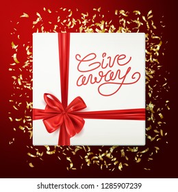 Giveaway banner, gift box with red bow, advertisement, vector illustration