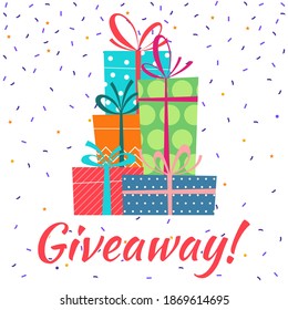 Giveaway Banner With Gift Box Stack Or Pile. Give Away Poster. Vector Illustration.