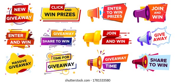 Giveaway banner with megaphone. Loudspeaker announcement of competition. Winning prizes in contest, giving gifts. Share to win post in social media. Marketing and advertising vector illustration - Shutterstock ID 1781533580