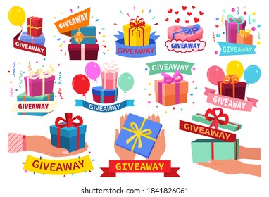 Giveaway banner set, isolated vector illustration. Give away gifts, winner reward and gift prize social media posts. Announcement gifts posters, internet blogger or shop random quiz event presents.