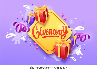 Giveaway banner for social media contests and special offer. Vector  brush lettering at  violet background. Modern calligraphy style.