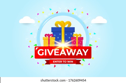 Giveaway Banner Template Design For Social Media Post. Gift Offer Banner, Giveaways Post And Winner Reward In Contest, Prize In Boxes. Vector Illustration