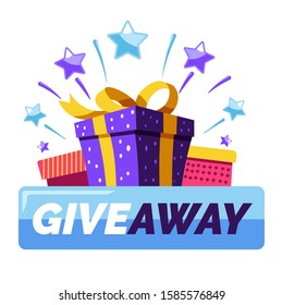 Giveaway banner template of gift boxes and button with text