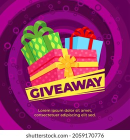 Giveaway banner template. Winning offer, gifts or sale winner card. Minimal bright poster with colorful surprise boxes, event present recent vector background