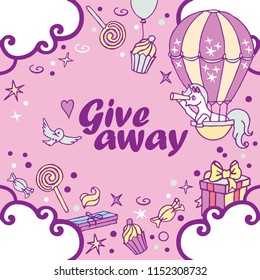 Giveaway, banner with unicorn, air balloon and clouds on the lavender background / Giveaway banner, freehand style, great for social media