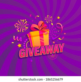 Giveaway banner, Win poster with gift box with prize to winner. Template design for social media posts, web banners on sunburst background. Offer reward in contest, vector illustration.