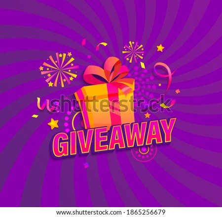 Giveaway banner, Win poster with gift box with prize to winner. Template design for social media posts, web banners on sunburst background. Offer reward in contest, vector illustration.