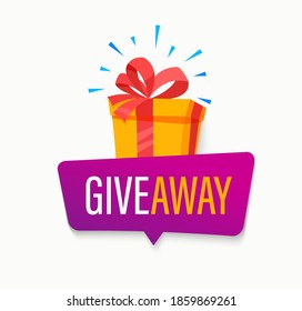 Giveaway banner, Win poster with isolated gift box with prize to winner. Template design for social media posts, web bannerswith bubble. Offer reward in contest, vector illustration.