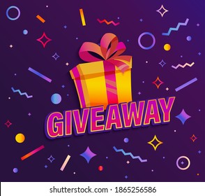 Giveaway banner,Win poster with giftbox with prize to winner on background with abstract geometric shapes.Template design for social media posts,web banners.Offer reward in contest,vector illustration