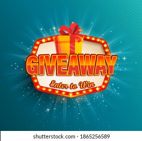 Giveaway banner,Win poster with giftbox with prize to winner in retro light frame with glowing lamps.Template design for social media posts,web banners.Offer reward in contest,vector illustration.