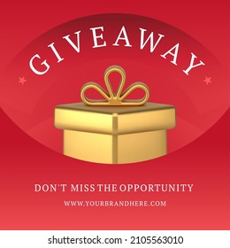 Giveaway blogger followers competition for taking luxury golden gift box bow promo post 3d icon vector illustration. Internet advertising receive present award for taking part in contest lottery