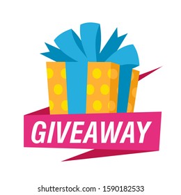 Giveaway bright sign with yellow gift. Bright presents and text on white background. Can be used for leaflets, brochures, announcements