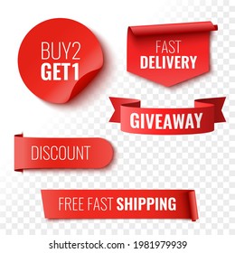 Giveaway, buy 2, get 1, fast delivery, discount and free shipping sale banners. Red ribbons, tags and stickers. Vector illustration.