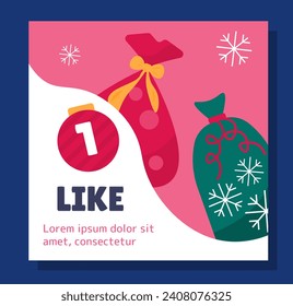 Giveaway Christmas poster. Red and green packages. New Year and Noel Eve, winter holidays and festivals. Social networks cover. Cartoon flat vector illustration isolated on blue background