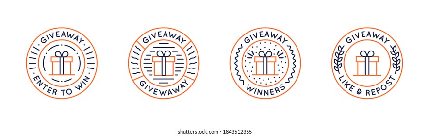 Giveaway circle labels set. Giveaway enter to win, like and repost. Giveaway badges for social media, web design. Trendy linear design. Vector illustration