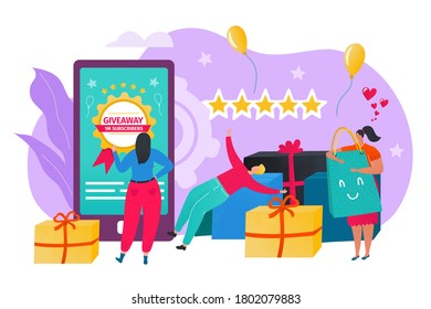 Giveaway concept, users with like and share icons and smartphone. Like comment share giveaway, social networks promotion, targeted social media ads. Promo campaign, SMM. Interactive advertising.