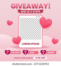 Giveaway contest banner for social media post design template with valentines day theme