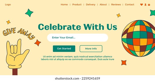 Giveaway contest from shop or store, advertisement and marketing. Celebrate your victory with us. Enter email, register to get started. Website landing page, internet site, vector in flat style