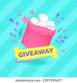 Giveaway, contest in social media design template vector illustration. Cartoon 3D round pink gift box with white ribbon bow and confetti for lucky winner, Giveaway text in frame on blue background