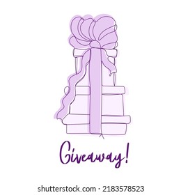 Giveaway. Cute gift box with bow on white background. Hand drawn design elements. One continuous line art vector illustration