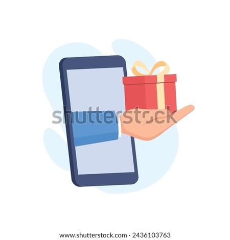 Giveaway design concept vector illustration. Hand pops out of the screen of a smartphone and hands a gift