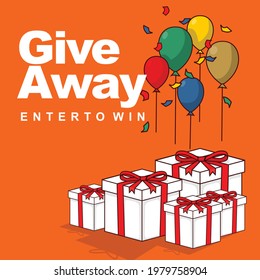 giveaway enter to win. balloons and gift boxes vintage web Banner flat style vector illustration