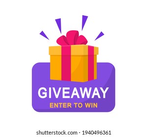 Giveaway, enter to win poster. Surprise gift box. Poster template for promo in social media. Win a prize giveaway. Vector illustration.