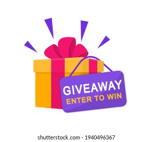 Regalo, entra para ganar afiche. Caja de regalo sorpresa. Plantilla de afiches para promoción en medios sociales. Gane un premio. Ilustración vectorial.