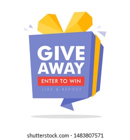 Giveaway enter to win poster template design for social media post or website banner. Gift box vector illustration with modern typography text style.