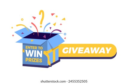 Giveaway Ingrese para ganar premios con un paquete de caja de regalo que explota en confetis. Ilustración vectorial para medios sociales y concursos de internet con premios