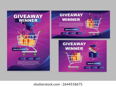 entrar para ganhar prêmios com uma caixa de presente explodindo em confetti's. Comprar produtos ganhar preços Vetor ilustração folheto cartaz banner conjunto design.