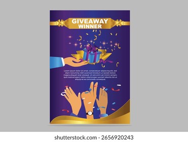 Entregue Entre para ganhar prêmios com uma caixa de presente explodindo em confetes. Mão de segurar caixa de presente para dar vencedor, concurso com prêmios vetor ilustração folheto cartaz design.