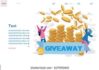 Giveaway enter to win, winners, happy people win a lot of money, golden coins, web template with Gift box