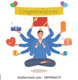 Giveaway event concept. A man with many hands, like the Bodhisattva in India, is holding a gift in his hand and is cross-legged