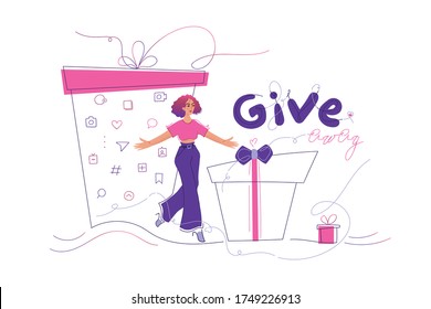 Giveaway event contest concept. Fashion woman blogger with gift boxes and announcement of give away.Hand drawn icon.Flat cartoon and doodle line art vector illustration isolated on white background. 