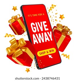 Giveaway event, sale or win, conceptual advertising design template with 3d realistic gift boxes and confetti around of the smartphone with text. Isolated on white background. Vector illustration