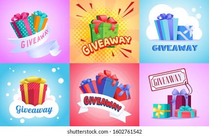 Giveaway flat vector illustration set. Gift boxes, giving presents, text, lettering, tag. Celebration or advertising concept
