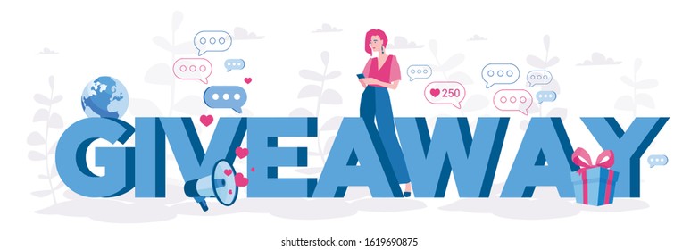 Giveaway, Gift box. enter to win . woman near  Giveaway letters. Vector illustration for web banner, infographics, mobile. 